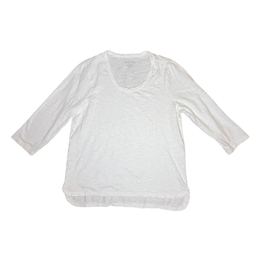 Chicos Slub Knit T-Shirt Womens Size 2 L White 3/4 Sleeve Basics Relaxed Fit